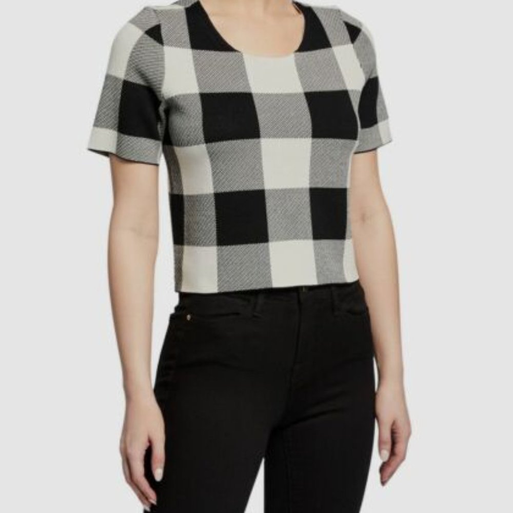 Rachel Roy Checker Ivory White Black Plaid Stretch Knit Crop Sweater Medium